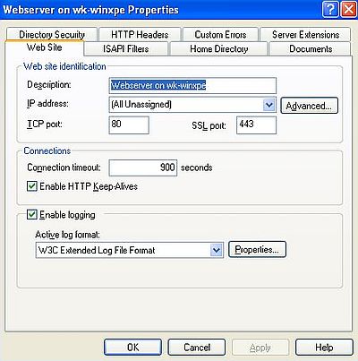 PHP on Windows XP: Web server 'Web Site' properties viewed in IIS Manager 6.0