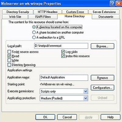 PHP on Windows XP: Web server 'Home Directory' properties viewed in IIS Manager 6.0