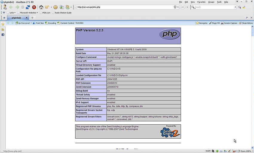 PHP on Windows XP: PHP script - Display of phpinfo in Maxthon web browser