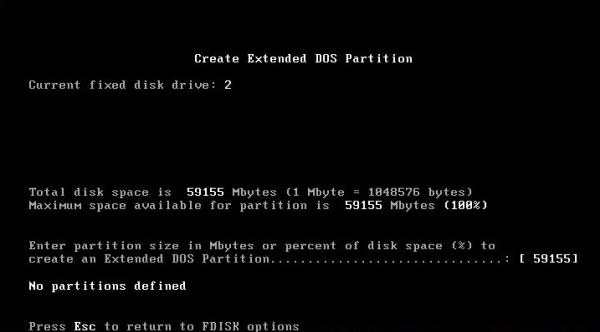 USB 2.0 support on FreeDOS: fdisk - Creating an extended partition on a 64 GB flash drive