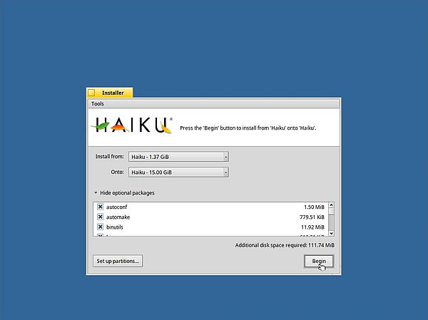 Installing Haiku: Starting the installation onto the newly created partition