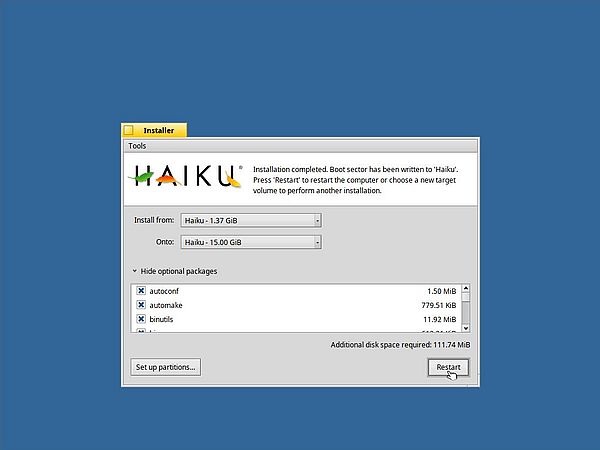 Installing Haiku: Rebooting after installation is finished