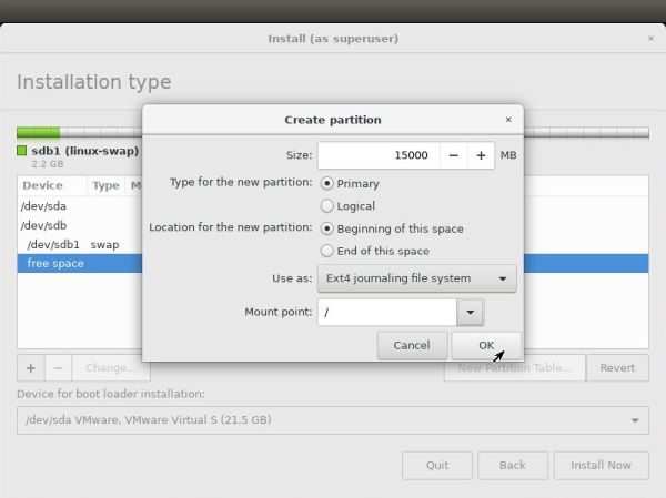 Linux triple boot: Bodhi Linux installation - Creating the Bodhi root partition on the second harddisk