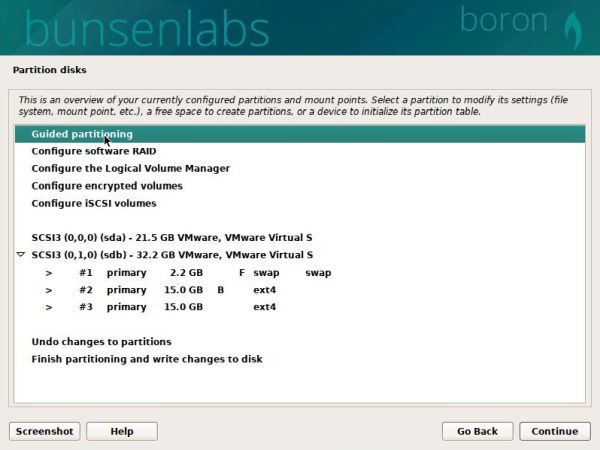 Linux triple boot: BunsenLabs Boron installation - Partition layout after the installation of Bodhi Linux