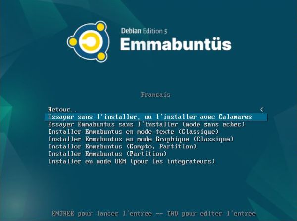 Linux triple boot: Emmabuntüs installation - Choosing to try out or to install using Calamares