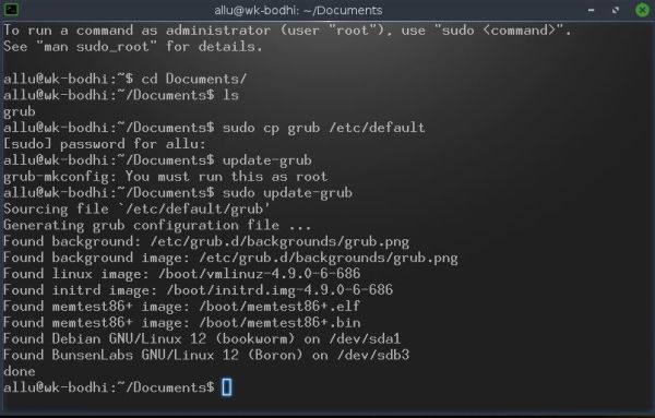 Linux triple boot: Bodhi Linux - Copying the modified grub file and running update-grub