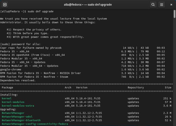 Updating Fedora Workstation 35 using dnf