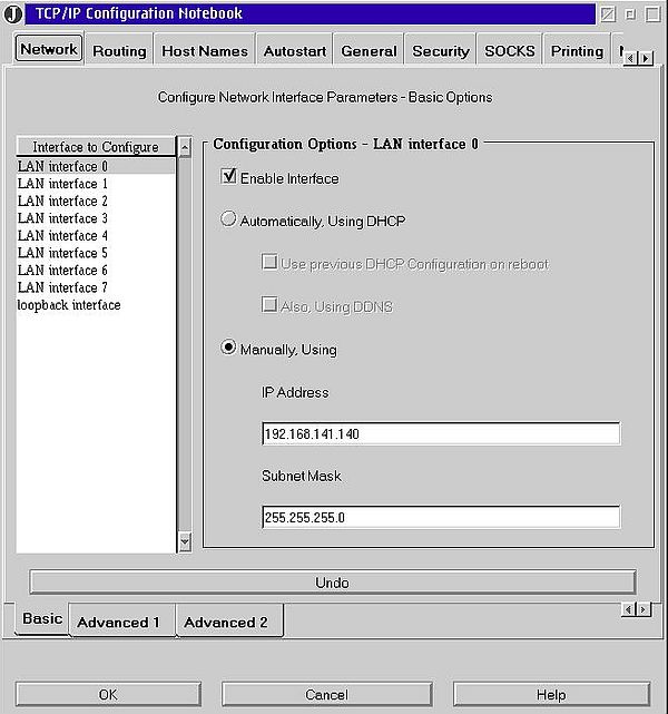 TCP/IP on OS/2 Warp 4.52: Interface configuration - Manually setting the IP address