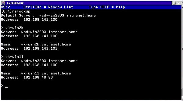 TCP/IP on OS/2 Warp 4.52: Network test - Sending nslookup requests to the DNS server