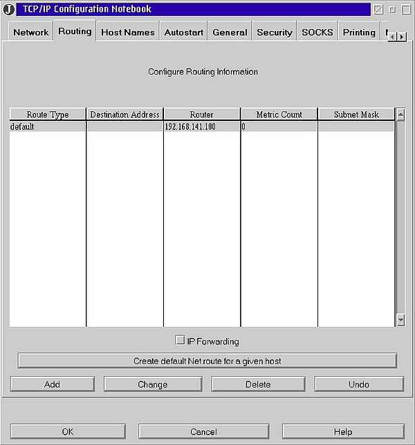 TCP/IP on OS/2 Warp 4.52: Routing configuration - Routing table