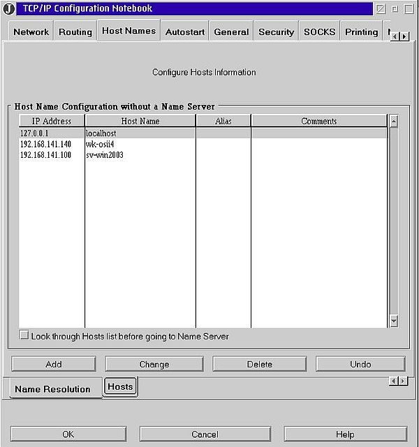 TCP/IP on OS/2 Warp 4.52: Hosts names configuration list