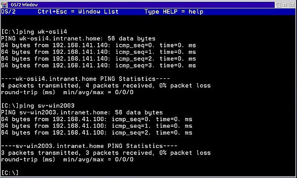 TCP/IP on OS/2 Warp 4.52: Network test - Sending an ICMP request to other computers on the LAN