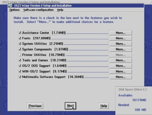 OS/2 Warp 4 installation: Software selection