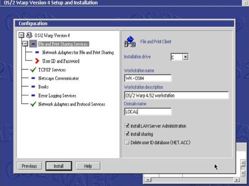 OS/2 Warp 4 installation: File and printer sharing - Main settings