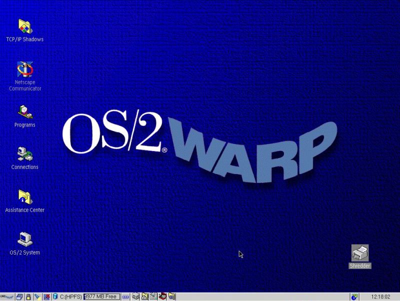 OS/2 Warp 4 installation: OS/2 Warp 4 desktop (1024x768 pixels screen resolution)