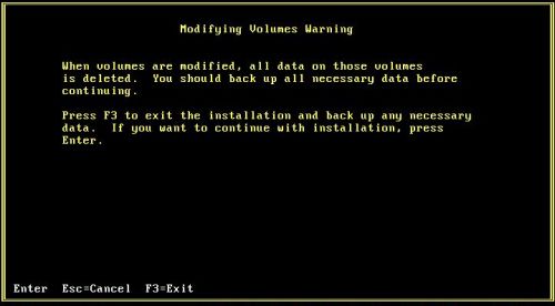 OS/2 Warp 4 installation: Warning that modifying a volume will destroy all its data