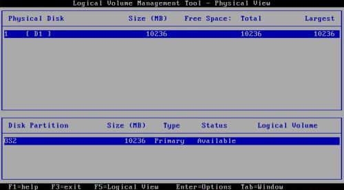 OS/2 Warp 4 installation: Partitioning - The new partition in 'Physical view'