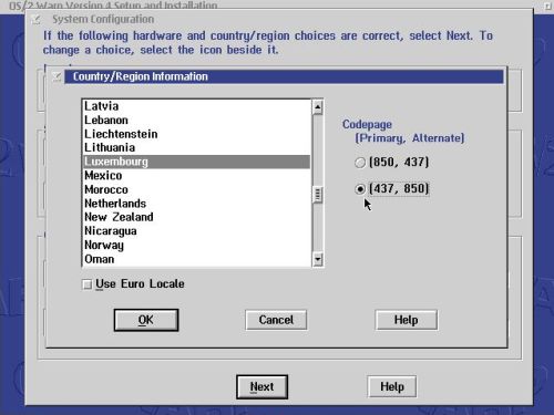 OS/2 Warp 4 installation: Choosing the locale