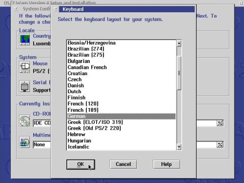 OS/2 Warp 4 installation: Choosing the keyboard layout