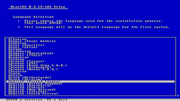 Installation of ReactOS: Choosing the national language
