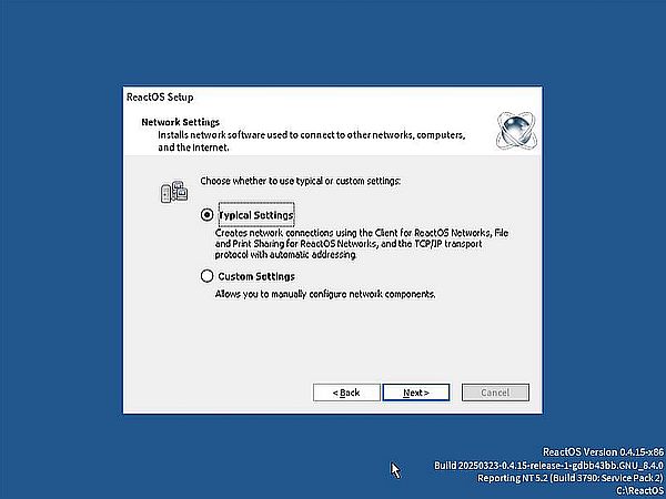 Installation of ReactOS: Network - 'Typical Network' settings