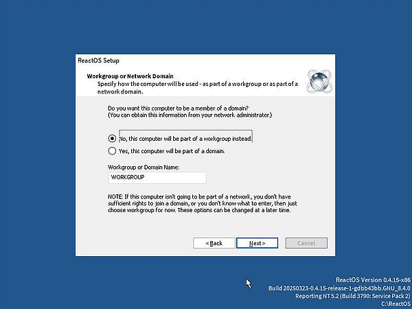 Installation of ReactOS: Network - Workgroup settings