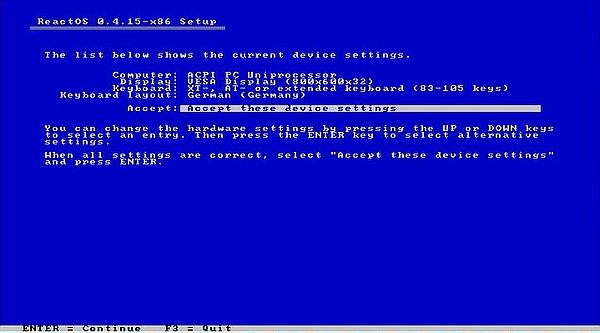 Installation of ReactOS: General device settings