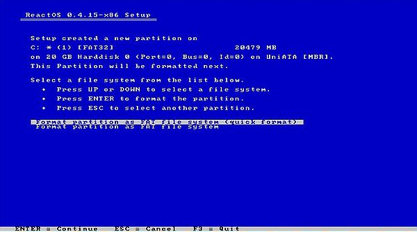 Installation of ReactOS: Partitioning - File system