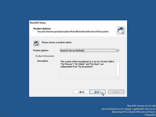 Installation of ReactOS: Product option - Install as a server