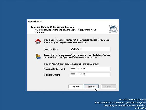 Installation of ReactOS: Computer name and administrator password