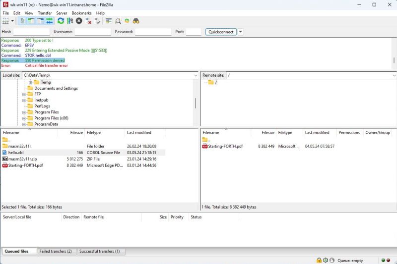FileZilla Server on Windows 11: FileZilla Client - Permission denied to upload as read-only user