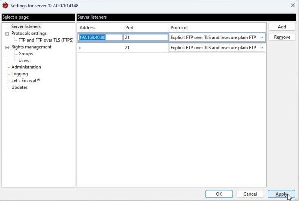 FileZilla Server on Windows 11: Configuration - Setting IP, port, and protocol