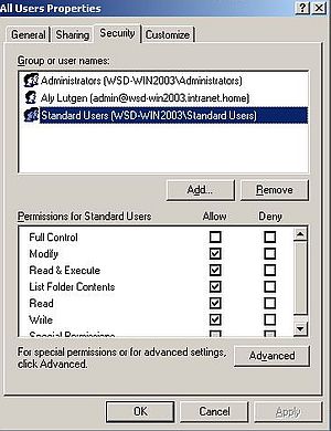 Windows Server 2003: File sharing - Adding NTFS rights for domain user group