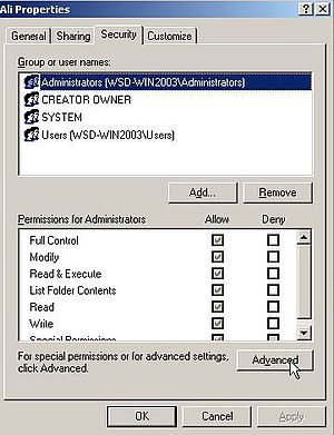 Windows Server 2003: File sharing - Default NTFS users and their rights