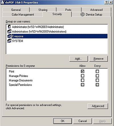 Windows Server 2003: Printer sharing - Printer usage rights ('Print' right for user 'Everyone' Windows Server 2003: Printer sharing - Printer usage rights ('Print' right for user 'Everyone')