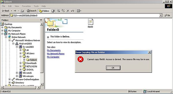 Windows Server 2003: Accessing the shares from Windows 2000 - Write access to a read-only shared folder