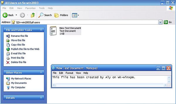 Windows Server 2003: Accessing the shares from Windows XP - Creating a commonly shared document