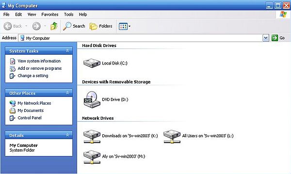 Windows Server 2003: Accessing the shares from Windows XP - Network drives in File Explorer