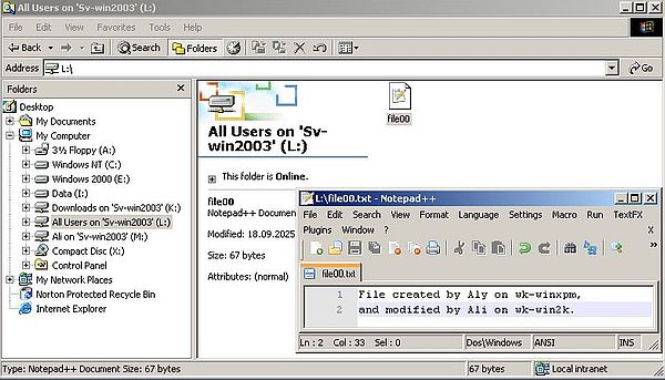 Windows Server 2003: Accessing the shares from Windows 2000 - File modification on a read-write network drive