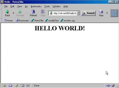 Microsoft PWS on Windows 98: Display of a custom HTML file in Retrozilla web browser