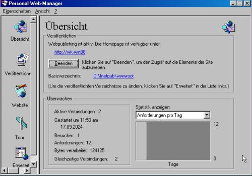 Microsoft PWS on Windows 98: Persoanl Web Manager - Overview page (with server URL)