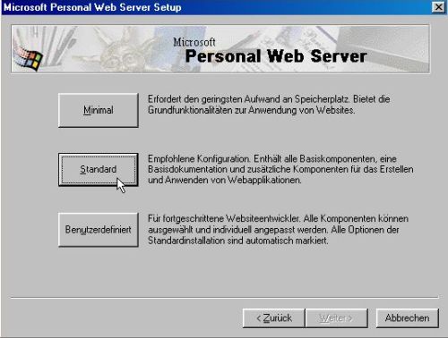 Microsoft PWS on Windows 98: Installation - Choosing to pergorm a standard setup