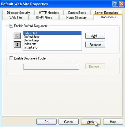 IIS on Windows XP: HTTP setup - Default documents