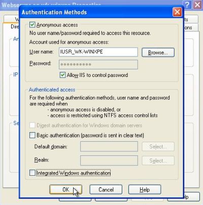 IIS on Windows XP: HTTP setup - Authentication methods