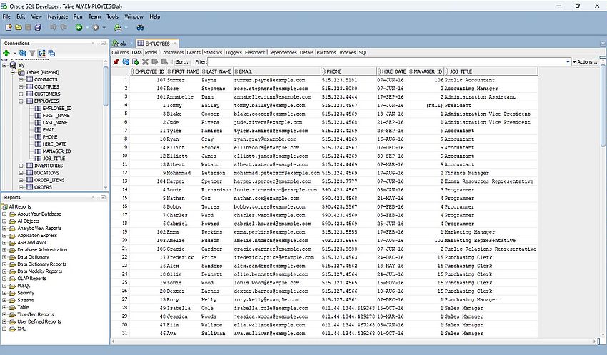 SQL Developer - Content of the table EMPLOYEES of the Oracle Sample Database