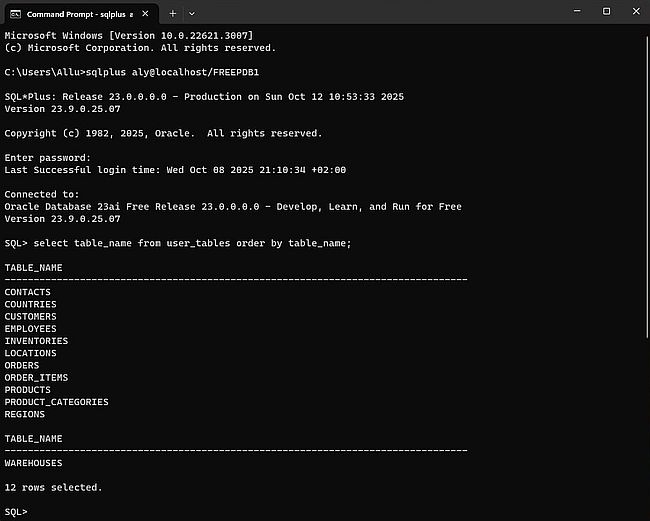 Showing all tables of the Oracle Sample Database in sqlplus