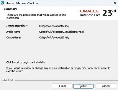 Installing Oracle Database 23ai Free on Windows 11 Professional - Installatopn summary