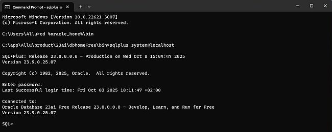 Connecting to Oracle Database 23ai Free using the 'sqlplus' command line client
