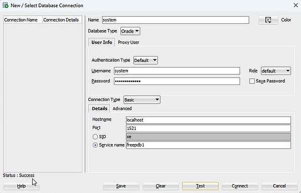 SQL Developer - Creating a connection to FREEPDB1 for user 'system'