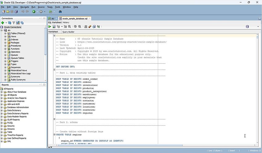 SQL Developer - Script to create the Oracle Sample Database